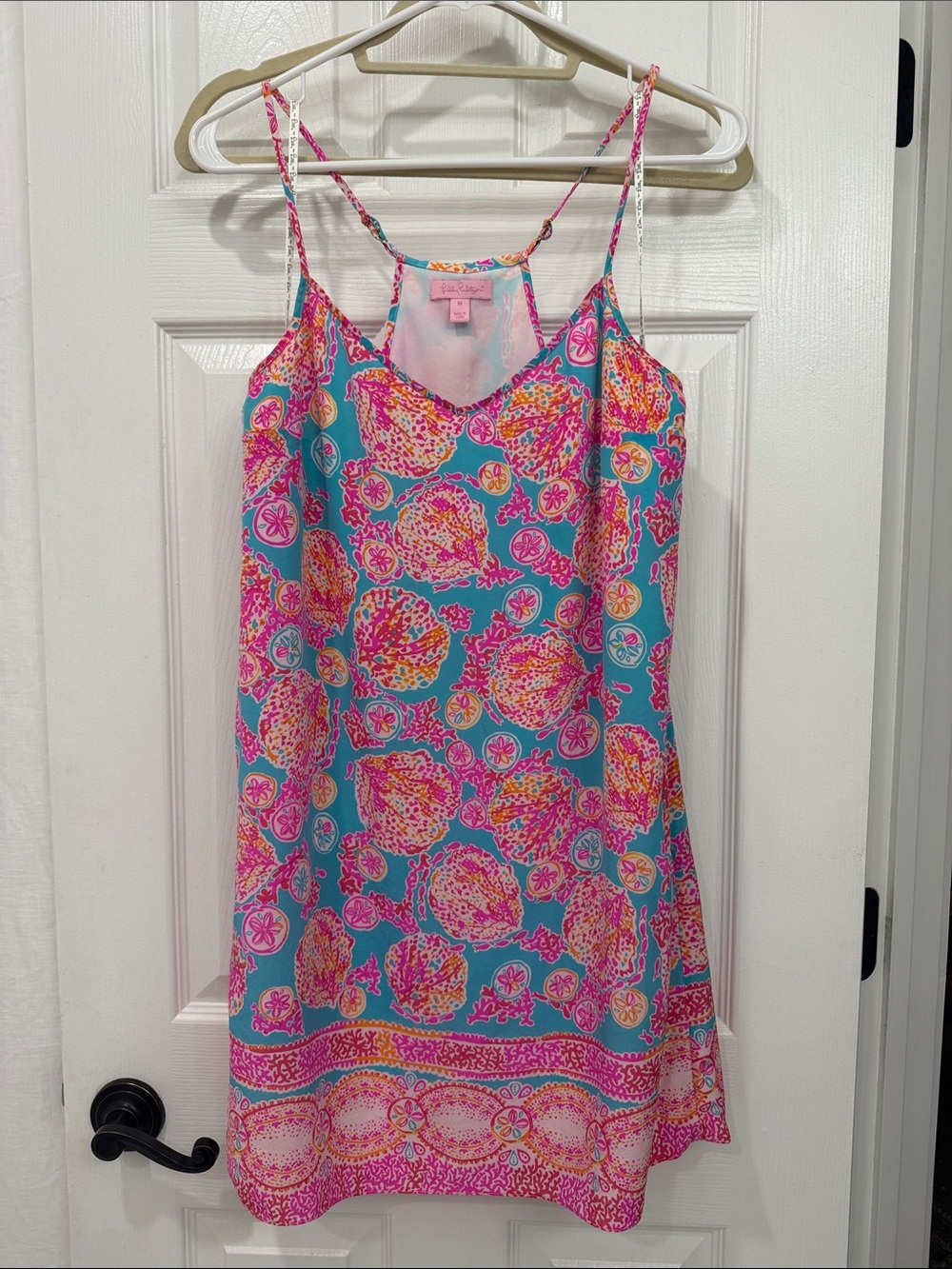 Lilly Pulitzer Turquoise Silk Slip Dress with Pink & Orange Floral Print Size M